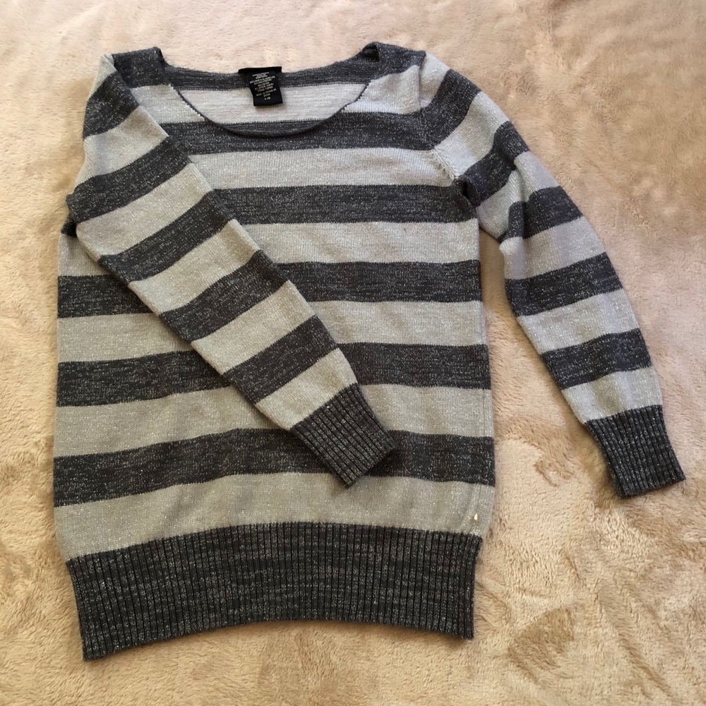 Gray Striped Sparkly Knit Sweater